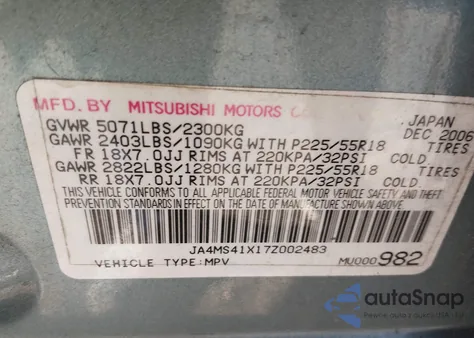 2007 Mitsubishi Outlander Xls from USA, damaged, VIN JA4MS41X17Z002483